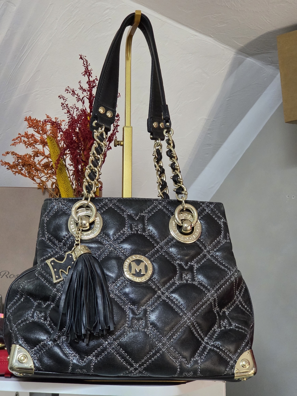 Metrocity Black & Silver Quilted Leather Tote with Gold Hardware & Bag Charm